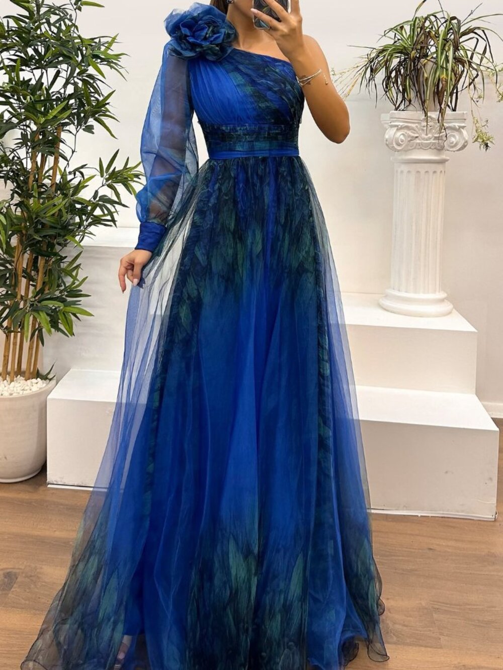 Women's Blue Floral Mesh Dress – One-Shoulder Loose Flowy Maxi Dress